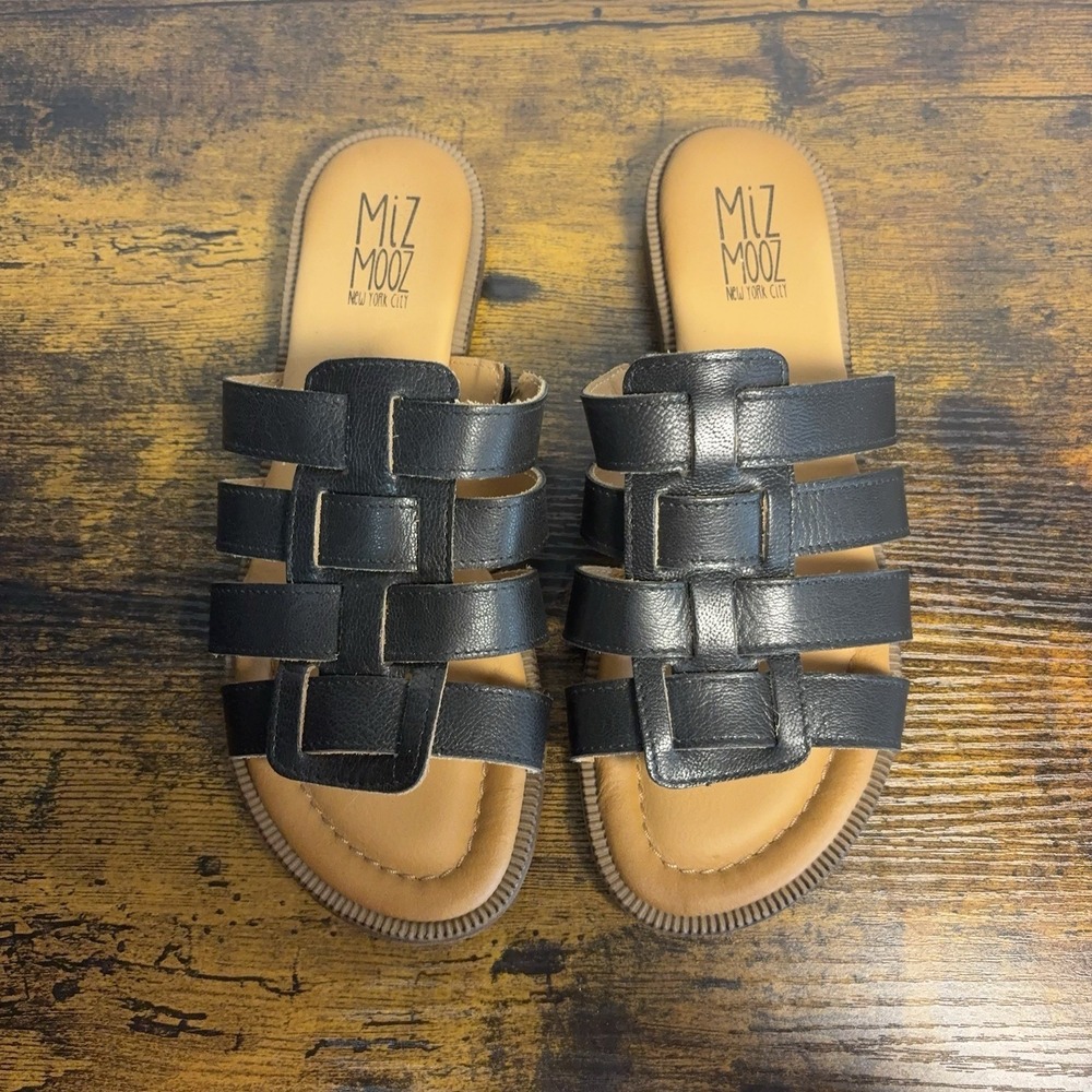 Miz Mooz Leather Primm Sandals Women Sz 8.5-9 Black Slip On Fisherman Strappy